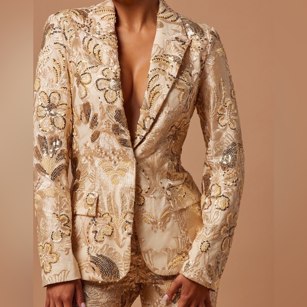 Ava Sequin Embellished Blazer Cream Size Large